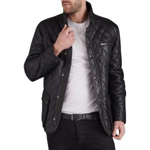 Men's Black Leather Quilted Coat