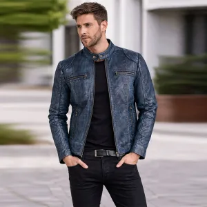 Blue Distressed Leather Biker Jacket