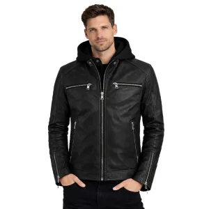 Men's Black Leather Jacket with Removable Hoodie
