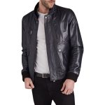 Blue Leather Bomber Jacket