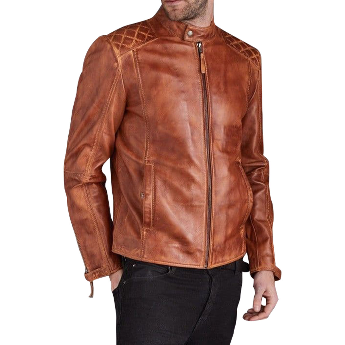 side-1 Men's Cognac Leather Biker Jacket