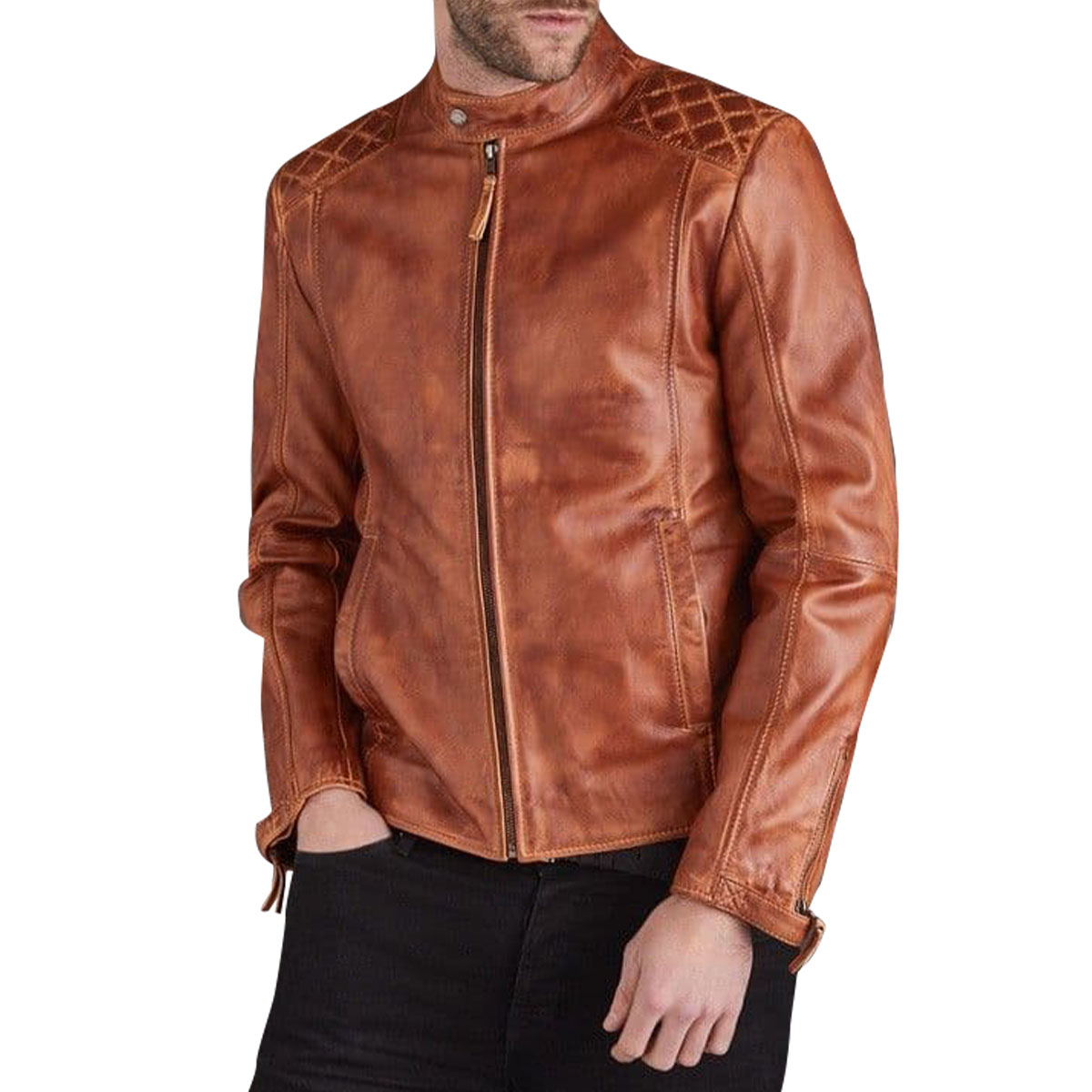 side Men's Cognac Leather Biker Jacket