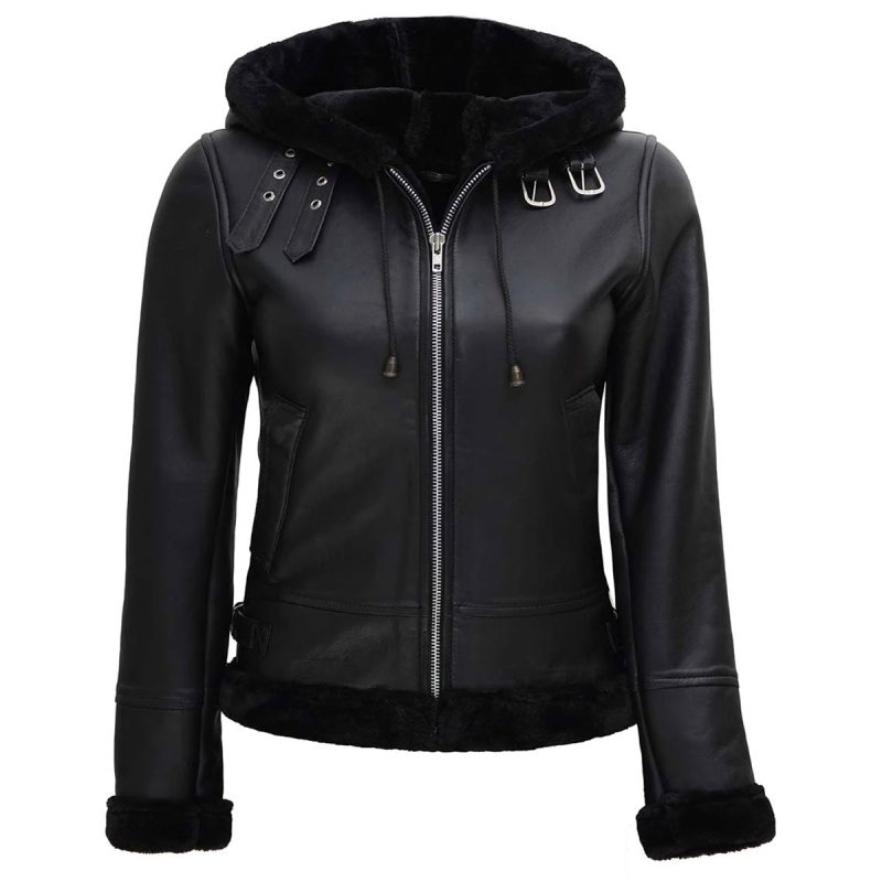 Women's Black Hooded Leather Jacket
