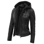 Black Leather Hooded Jacket Ladies