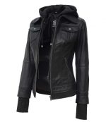 Black Leather Hooded Jacket Women's