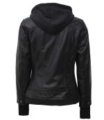 Black Leather Hooded Jacket Women's