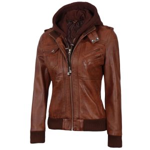 Women's Cognac Hooded Leather Jacket