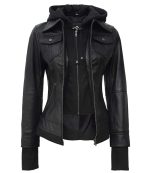 Black Leather Hooded Jacket Women's