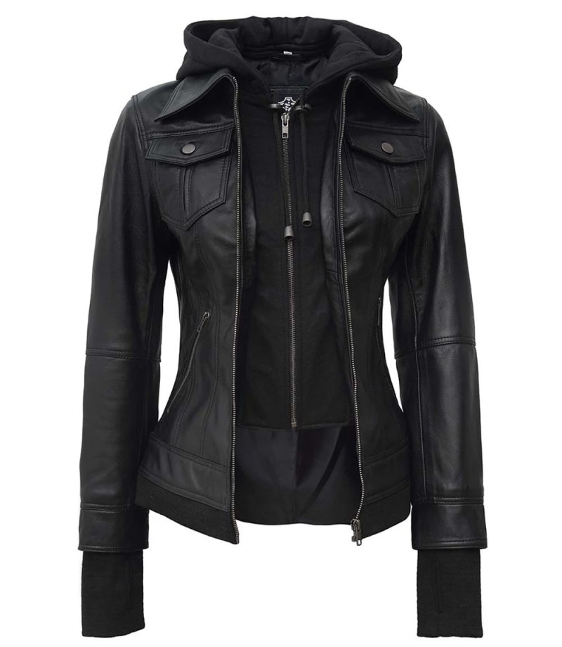 Black Leather Hooded Jacket Women's