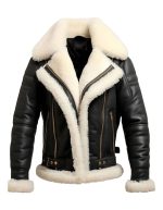 Black Shearling Leather Jacket with White Fur Trim