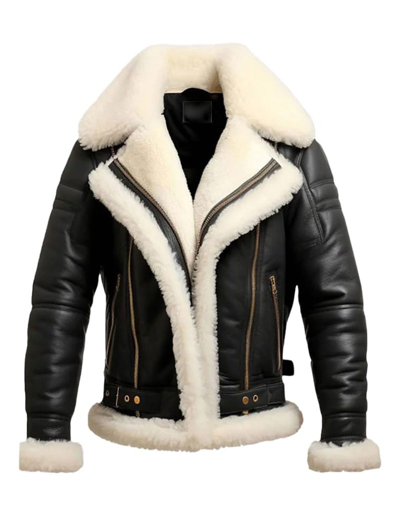 Black Shearling Leather Jacket with White Fur Trim