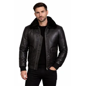 Black Leather Bomber Jacket with Faux Fur Collar