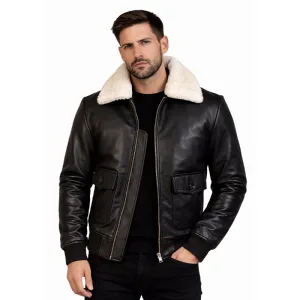 Black Leather Bomber Jacket with White Shearling Collar