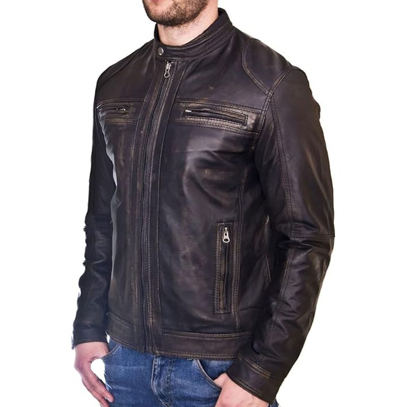 Men’s Burnished Black Leather Biker Jacket – Vintage Moto Style