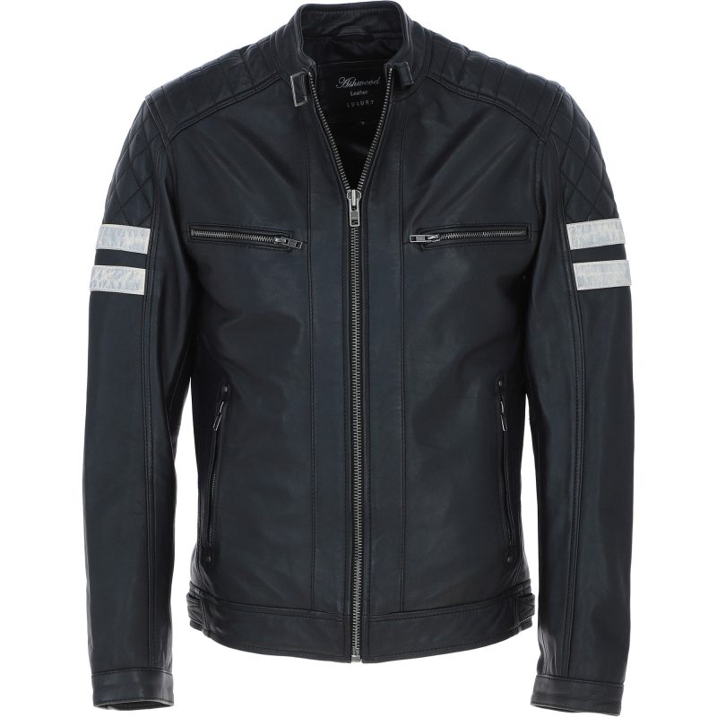 Leather Biker Jacket with Bold Contrasting Stripe Black - RXM Viper