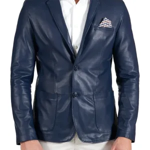 Central Button Closure Navy Blue Leather Blazer