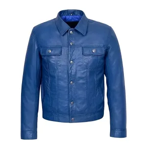 Men’s Blue Leather Trucker Jacket