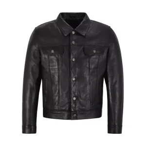 Men’s Full Black Leather Trucker Jacket