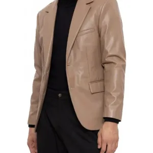 Notched Lapels Beige Leather Blazer
