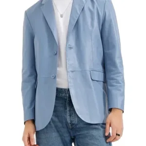 Two Button Light Blue Leather Blazer