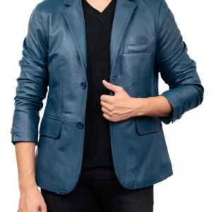 Two Button Navy Blue Leather Blazer