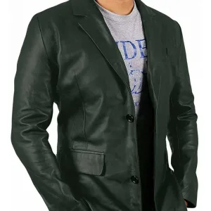 Two Buttons Green Leather Blazer