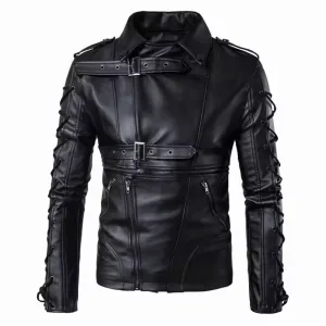 Men’s Gothic Punk Sheepskin Leather Biker Jacket – Lace-Up Sleeves, Rock Style