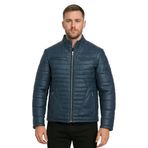 Men’s Blue Quilted Leather Jacket – Genuine Leather Puffer Style Zip Jacket