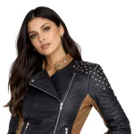 Women’s Two-Tone Studded Biker Leather Jacket