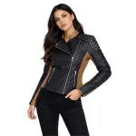 Women’s Two-Tone Studded Biker Leather Jacket