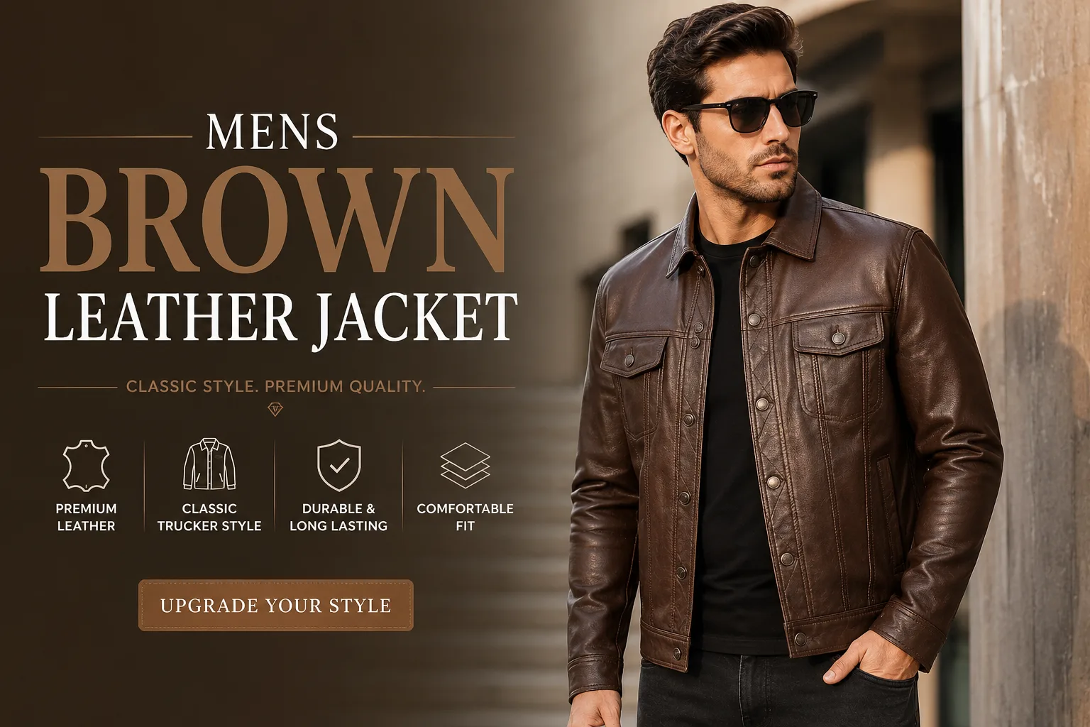 Fashion model wearing a Mens Brown Leather Jacket with vintage trucker design in a premium lifestyle advertisement banner.